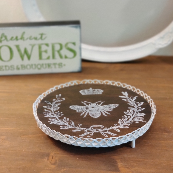 Hand Crafted Other - Vintage Cast Iron Plant Stand with Dual Sided Wood Art Round